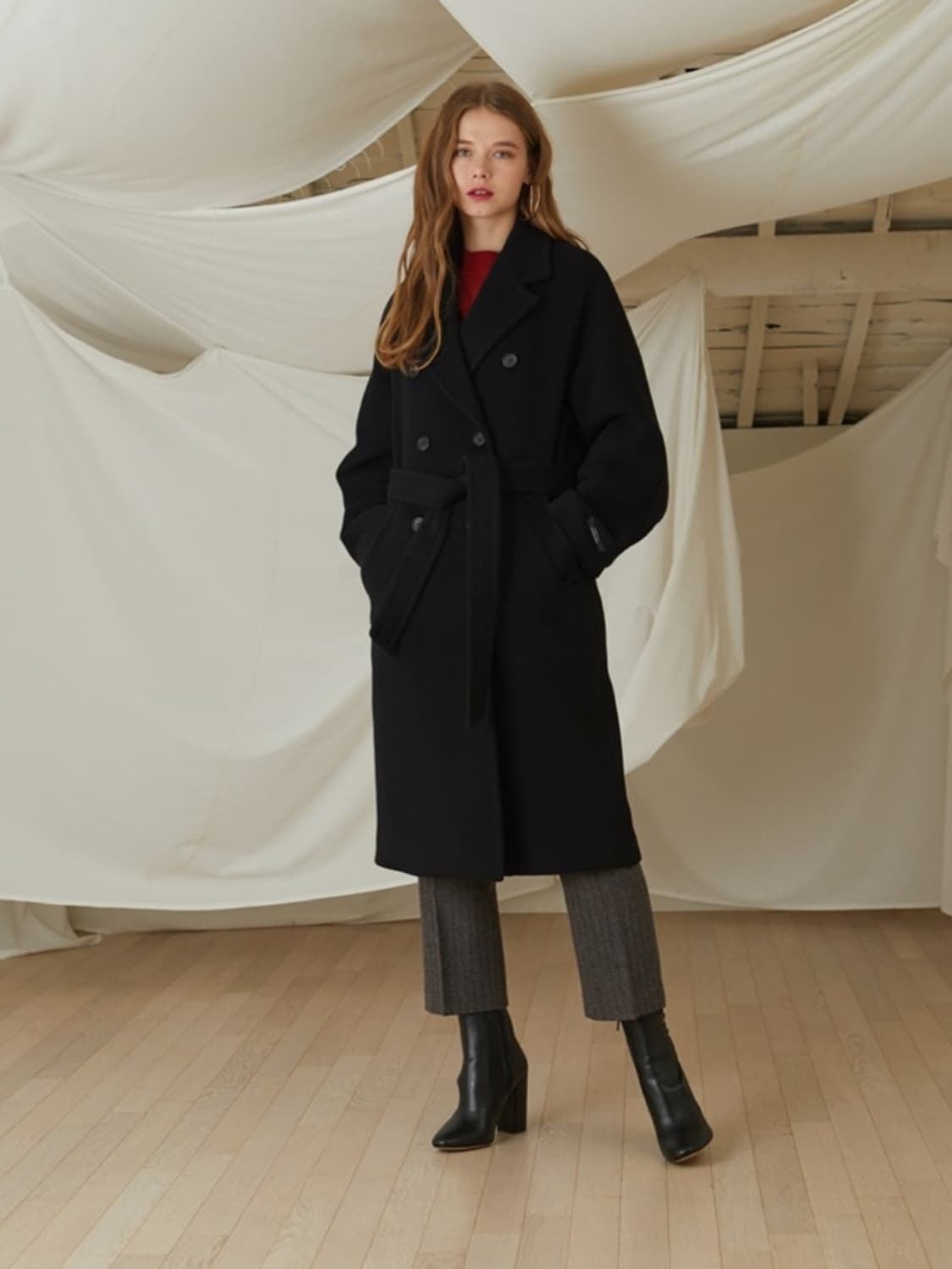 룩캐스트 트렌치 메리노울 더블 롱코트 블랙 상품이미지4