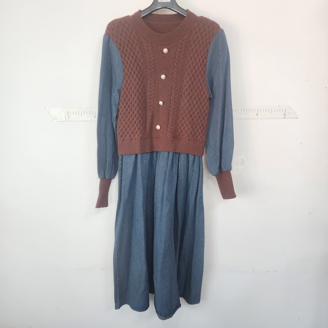 꽈배기 니트 데님 믹스 롱 원피스 상품이미지1