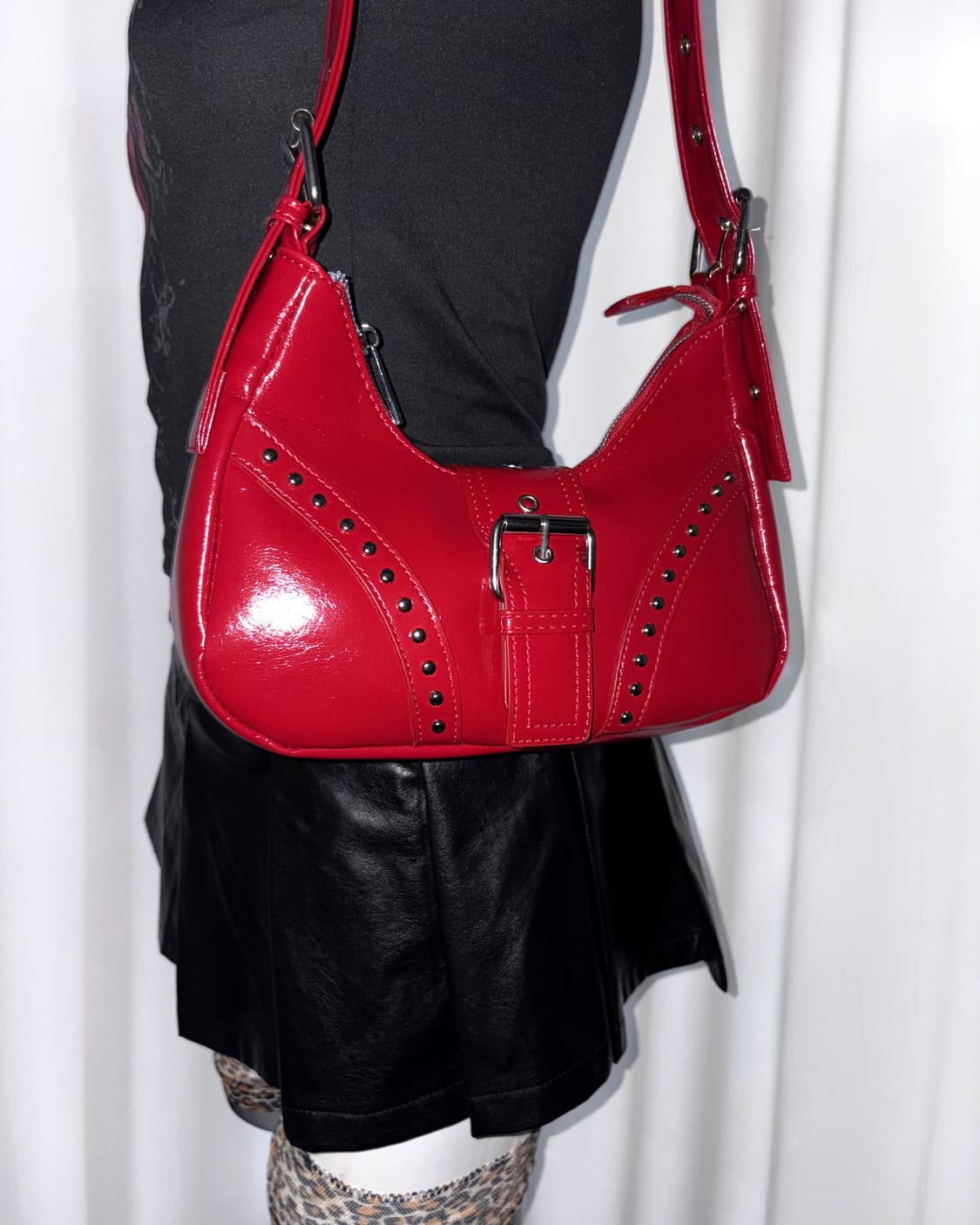 레드 펑크 갸루 빈티지 스트릿 레더 스터드 미니 숄더백 상품이미지3