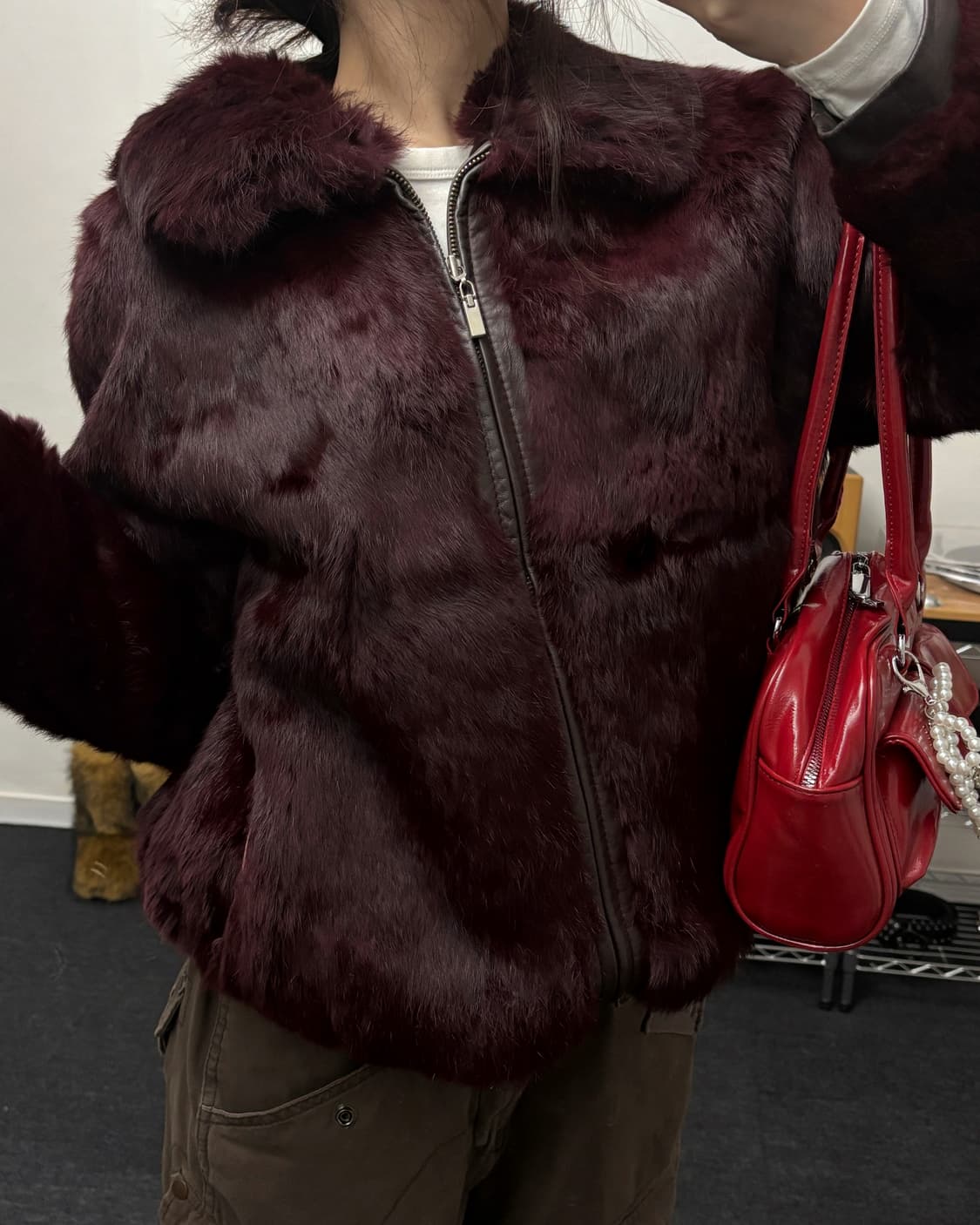 올드 빈티지 버건디 리얼 래빗 퍼 레더 자켓 상품이미지3