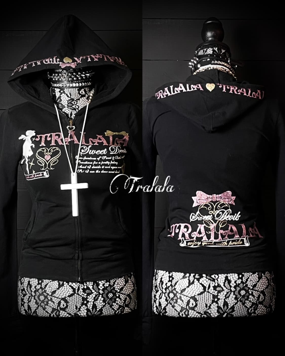 TRALALA 트랄랄라 갸루 핑크 레터링 블랙 후드집업 상품이미지1