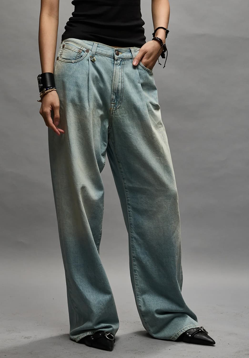 R13 알써틴 데이먼 와이드 레그 찢청진 28 상품이미지5