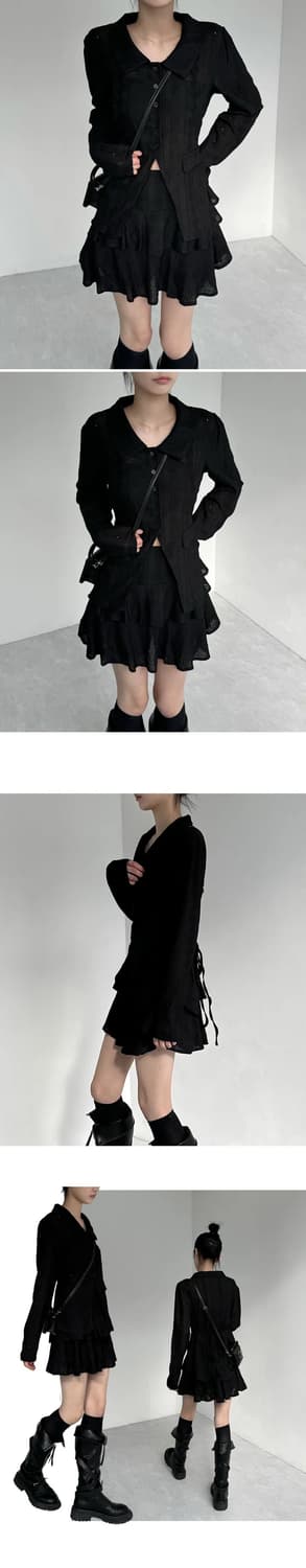 투이어즈 카라 펀칭 프릴 레이스 블라우스&스커트 투피스 블랙 상품이미지2