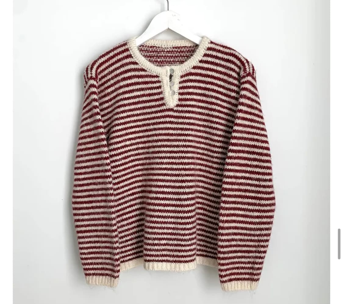 배색 단가라 스트라이프 루즈핏 라운드넥 긴팔니트 레드 상품이미지1