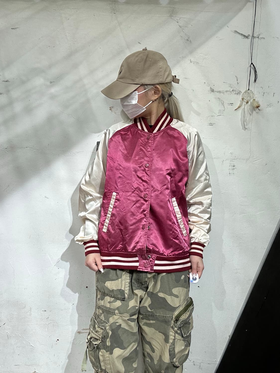 일본 빈티지 버건디 화이트 올드스쿨 스카잔 바시티 자켓 L 상품이미지2