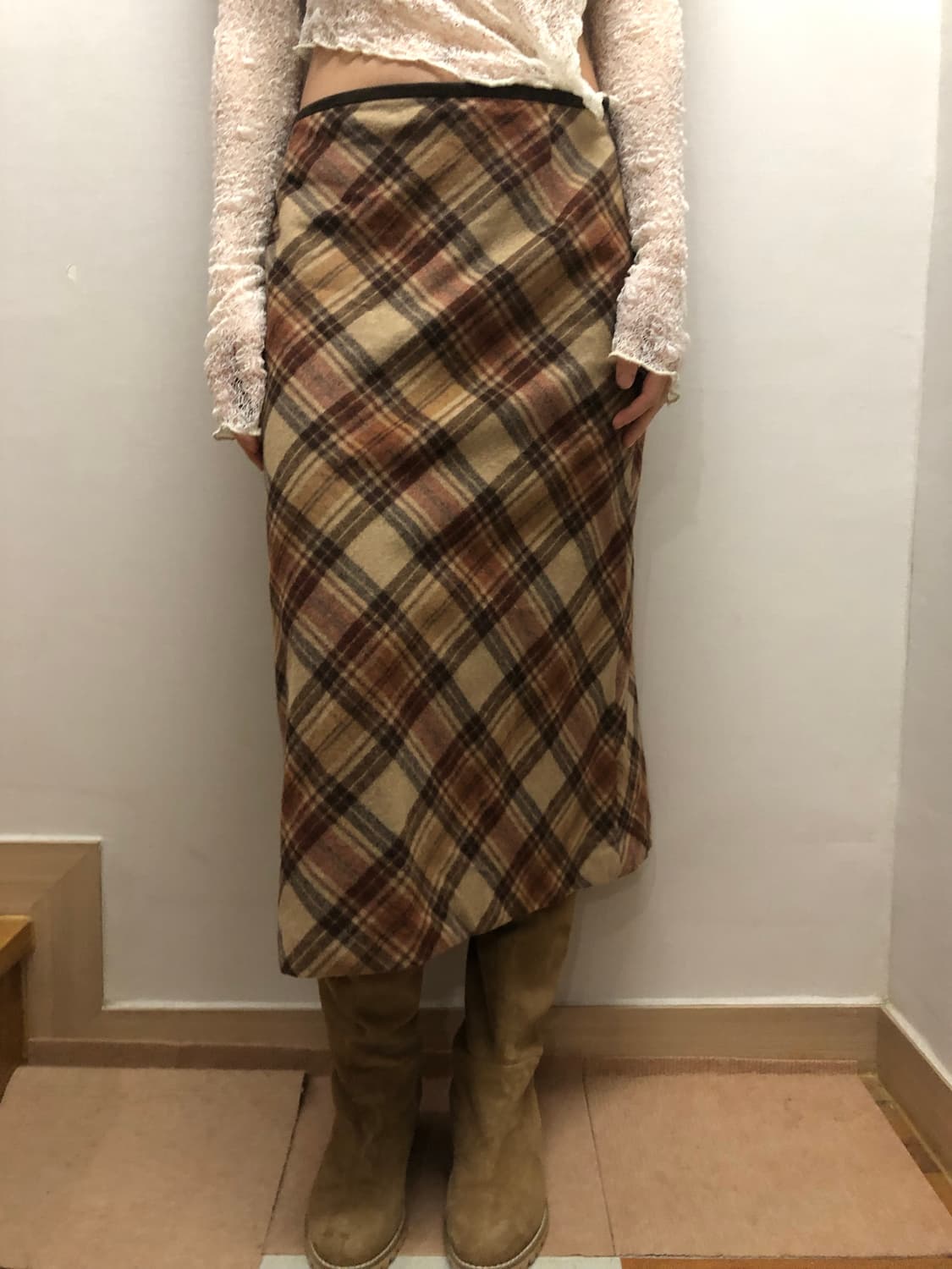 빈티지 브라운 울 체크 스커트 상품이미지4