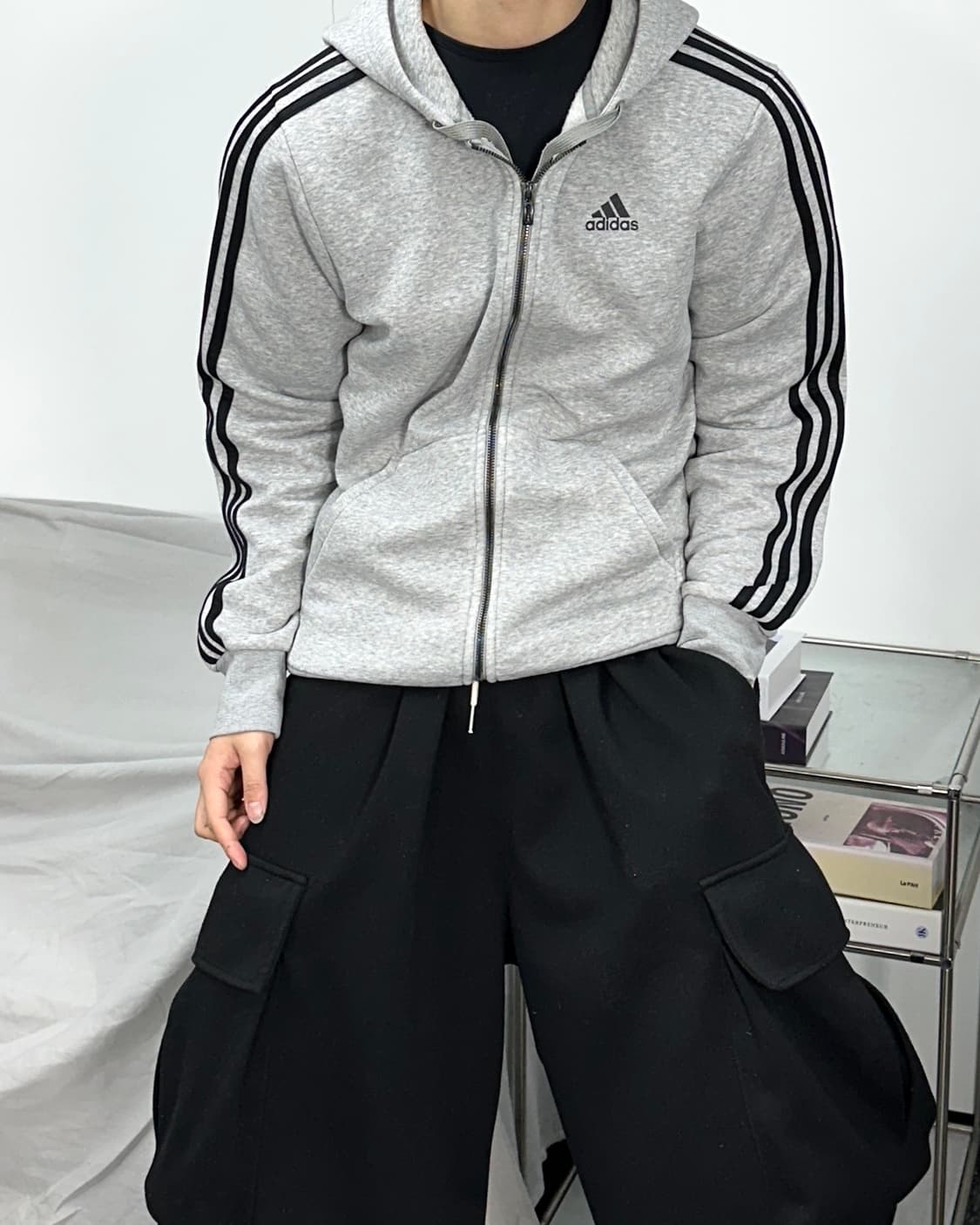 아디다스 에센셜 블랙 그레이 후드집업 L 상품이미지2