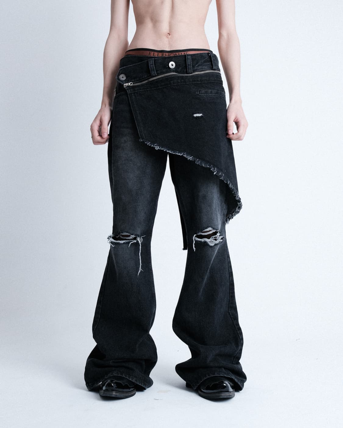 [L] IFeellucky 부츠컷 스커트 데님팬츠 블랙 상품이미지2