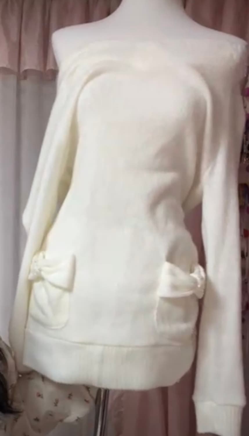 화이트 리본 진주 오프숄더 니트 라떼 히메 갸루 러블리 로걀 리즈리사 상품이미지3