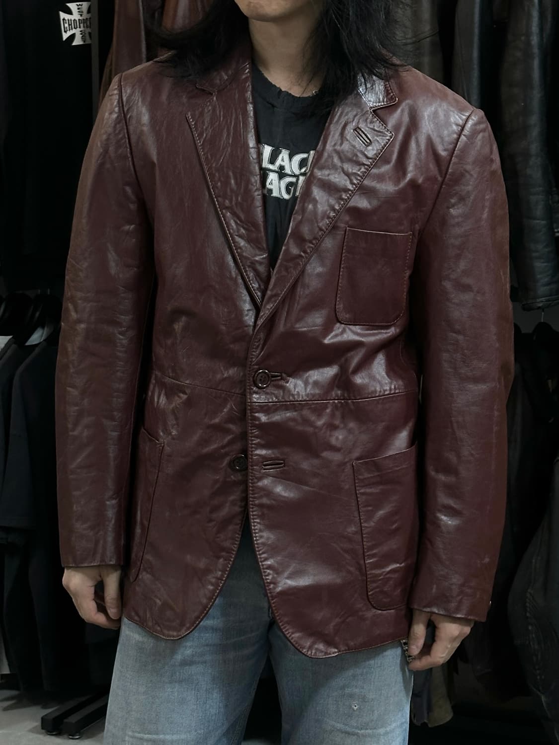 80's 빈티지 버건디 레더 자켓 파이트클럽 레더 블레이저 상품이미지10