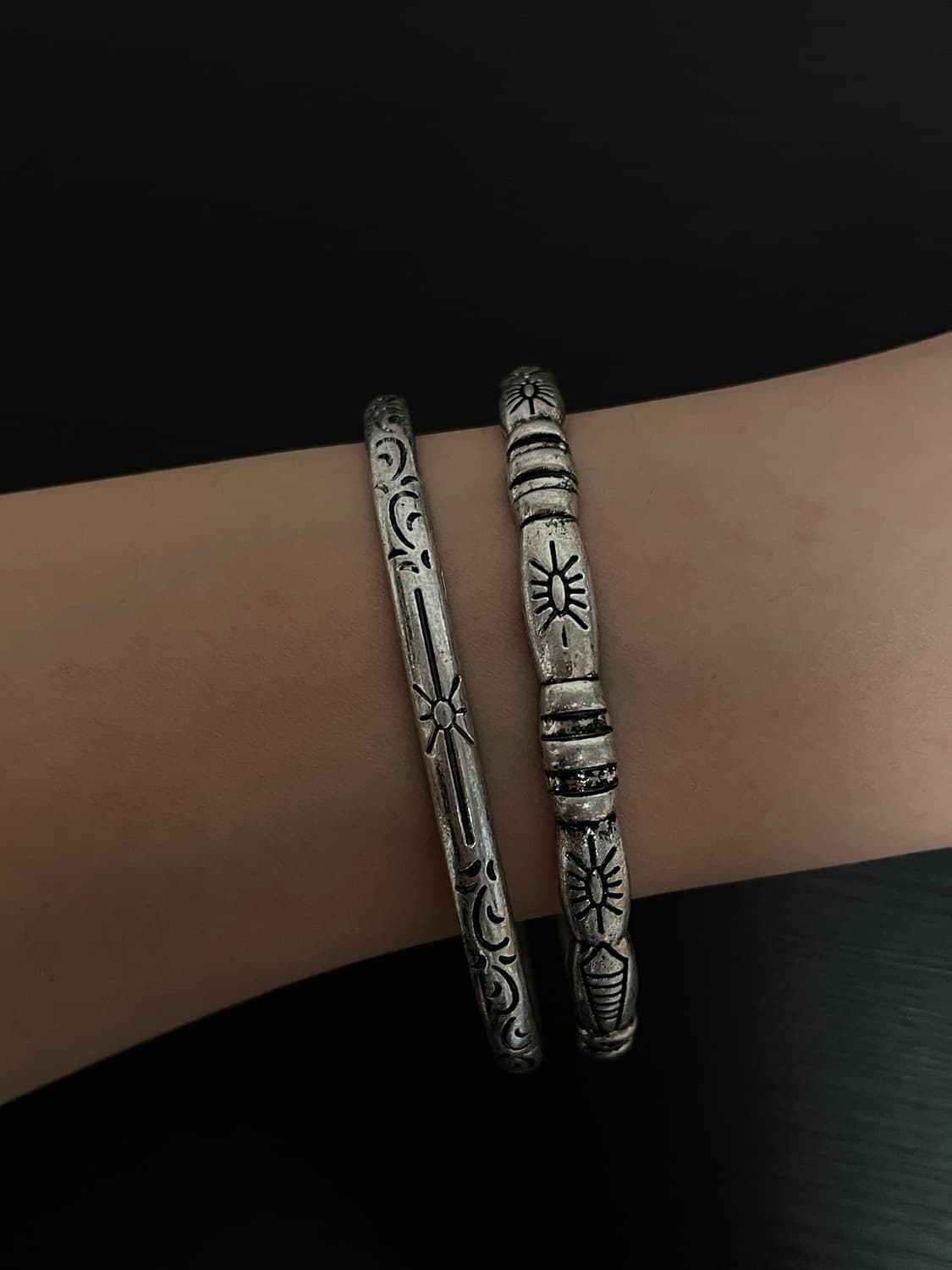 빈티지 오리엔탈 히피 실버 뱅글 2개 세트 상품이미지1