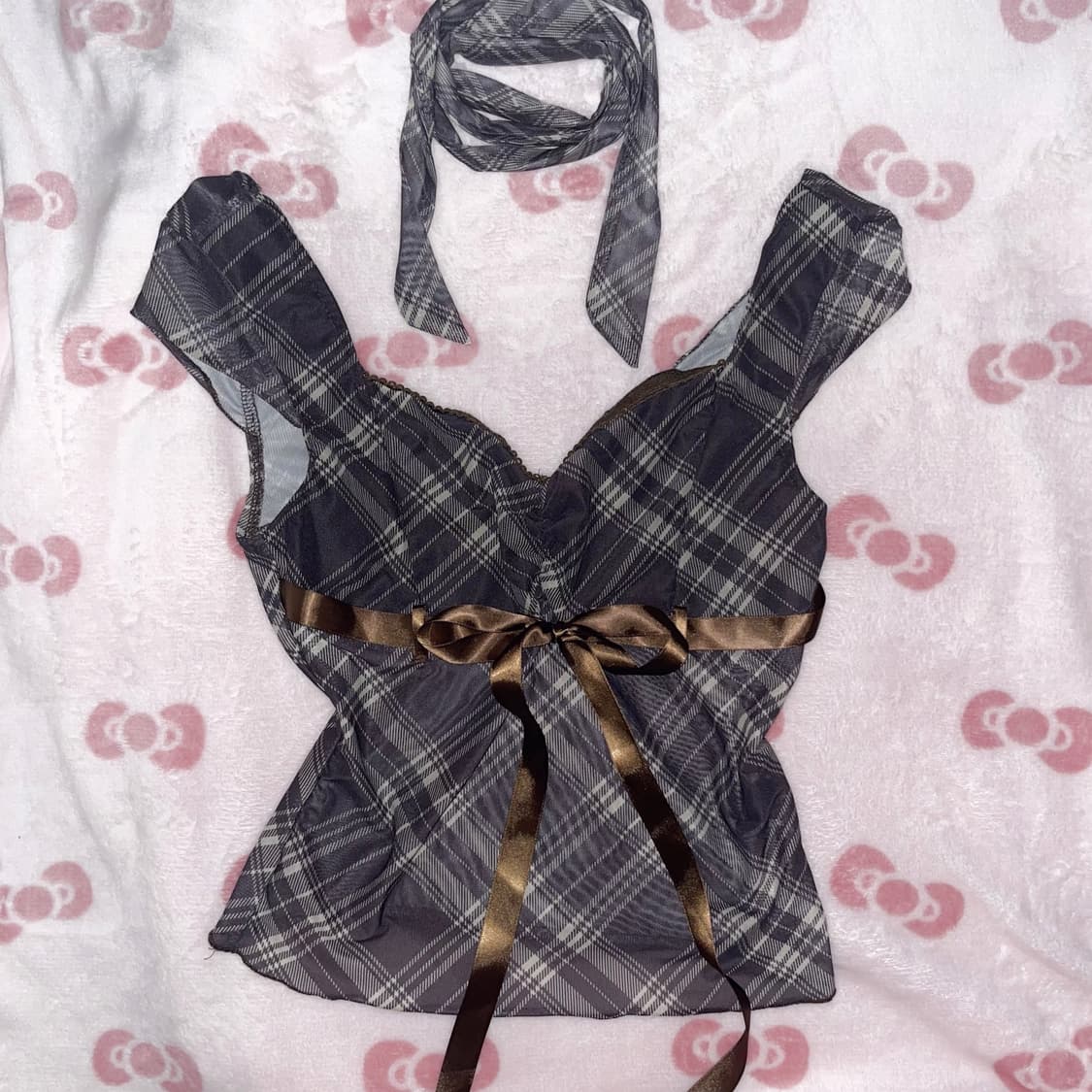 라떼갸루 체크 리본 블라우스 빈티지 상품이미지1