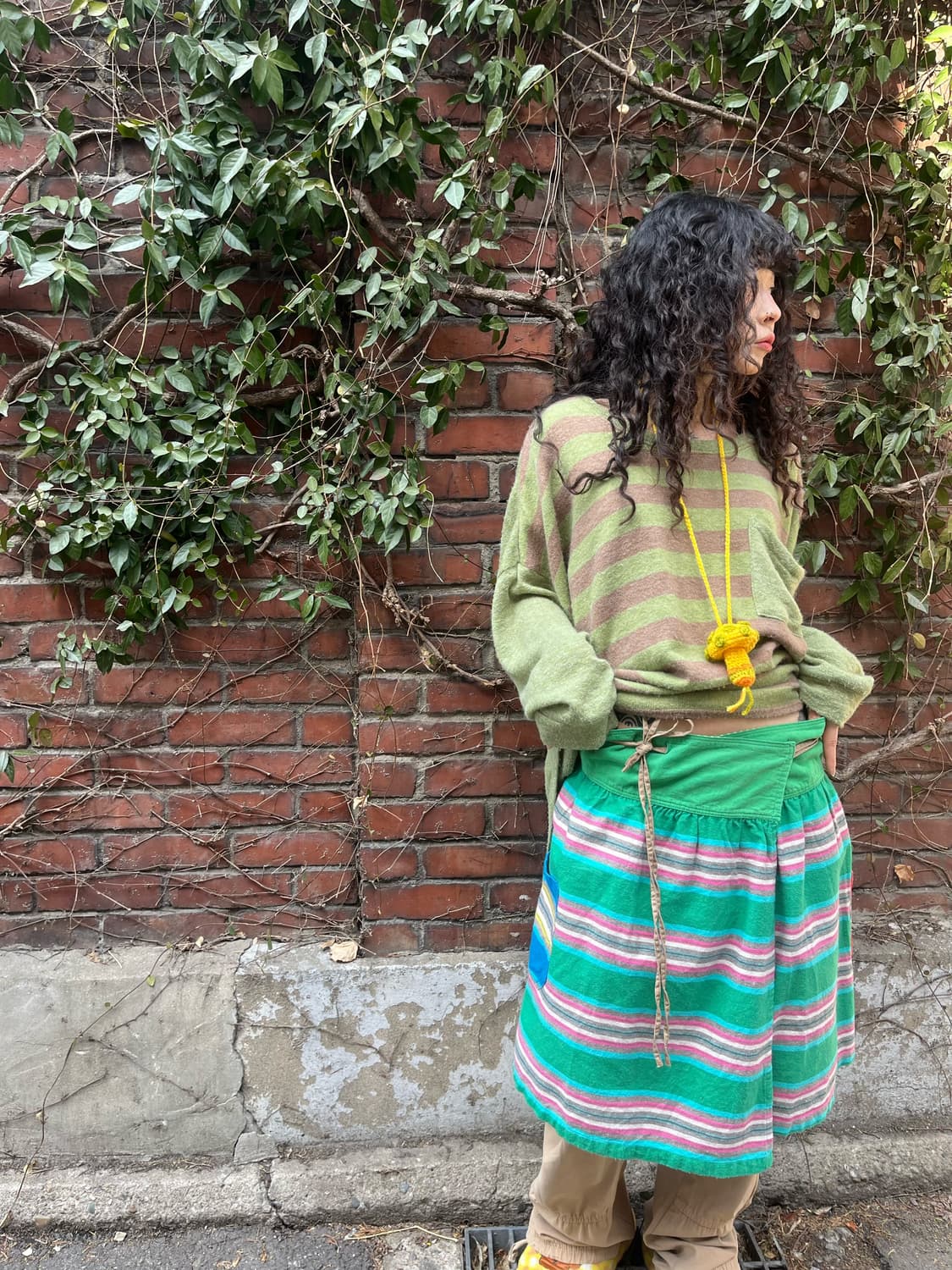 일본 무드 줄무늬 패턴 미디 랩 스커트 상품이미지2