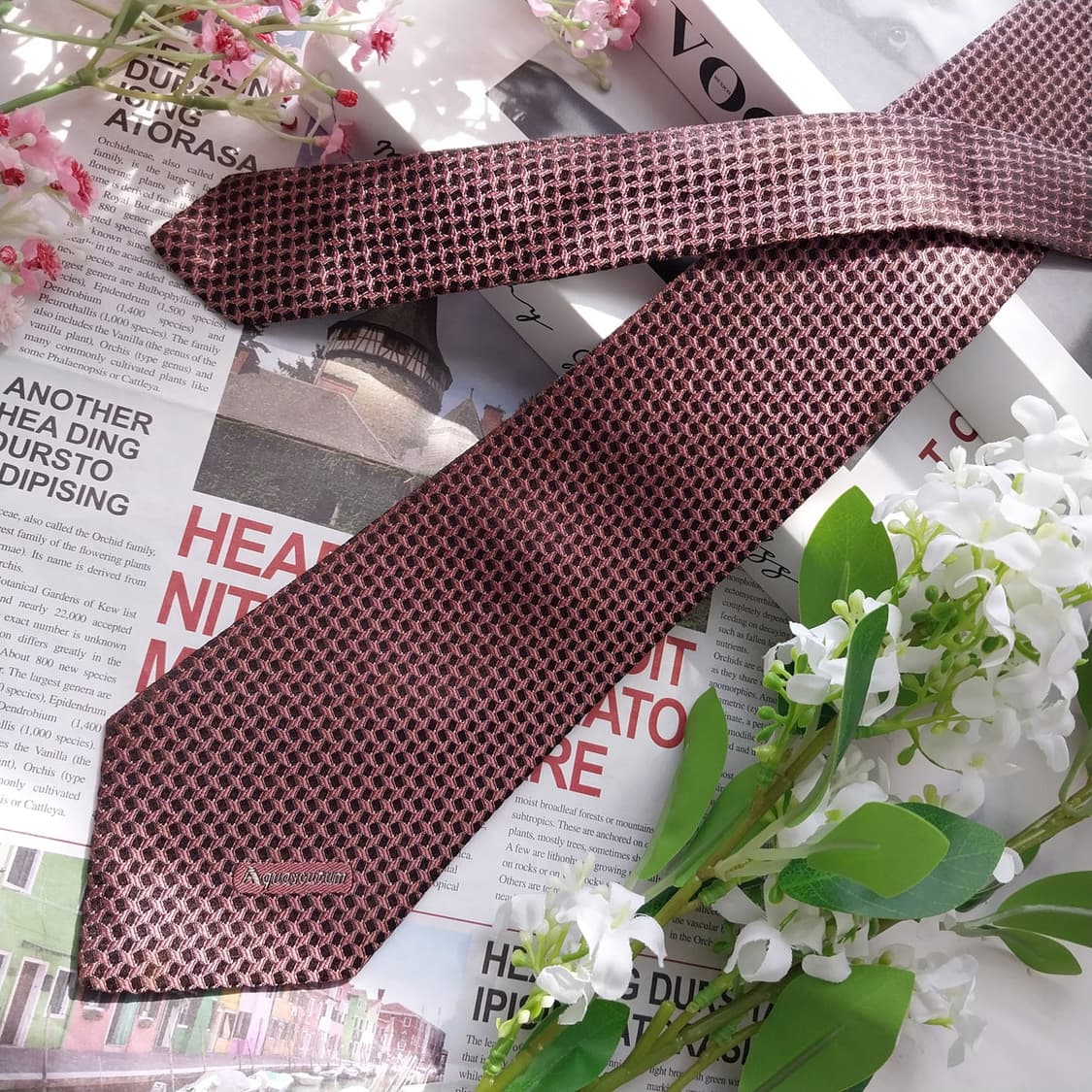 아쿠아스큐텀 브라운 자카드 패턴 넥타이 8.1cm A+등급 K2390 상품이미지2