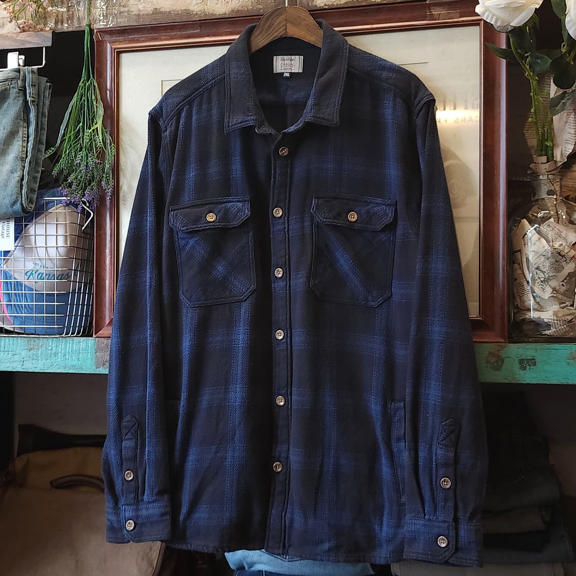 90s 아메리칸 빈티지 체크셔츠 헤비 플란넬 워크셔츠 다크 블루 2xl 상품이미지2