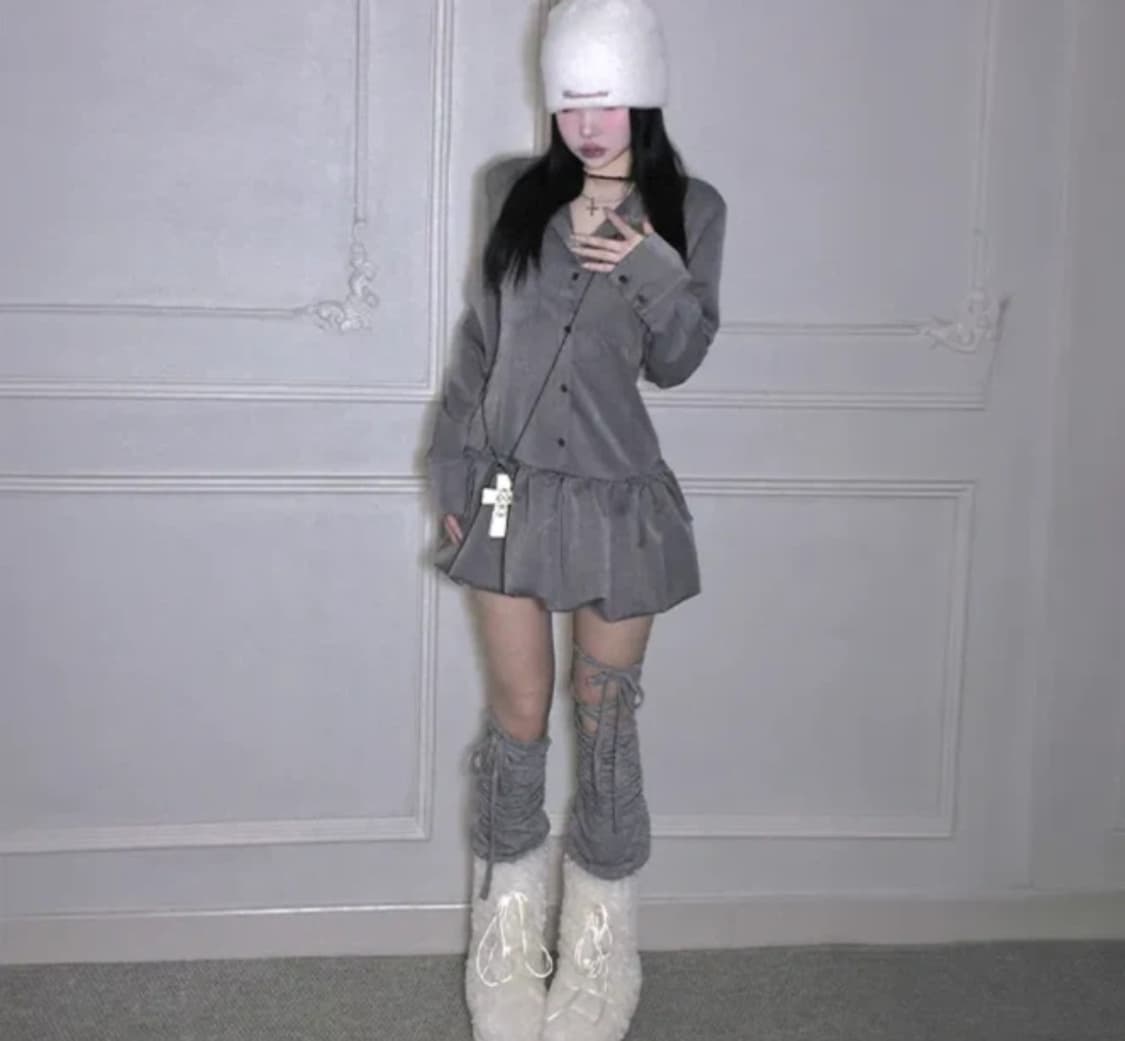 MEEGO 퍼프 리본 셔츠 미니 원피스 그레이 상품이미지1