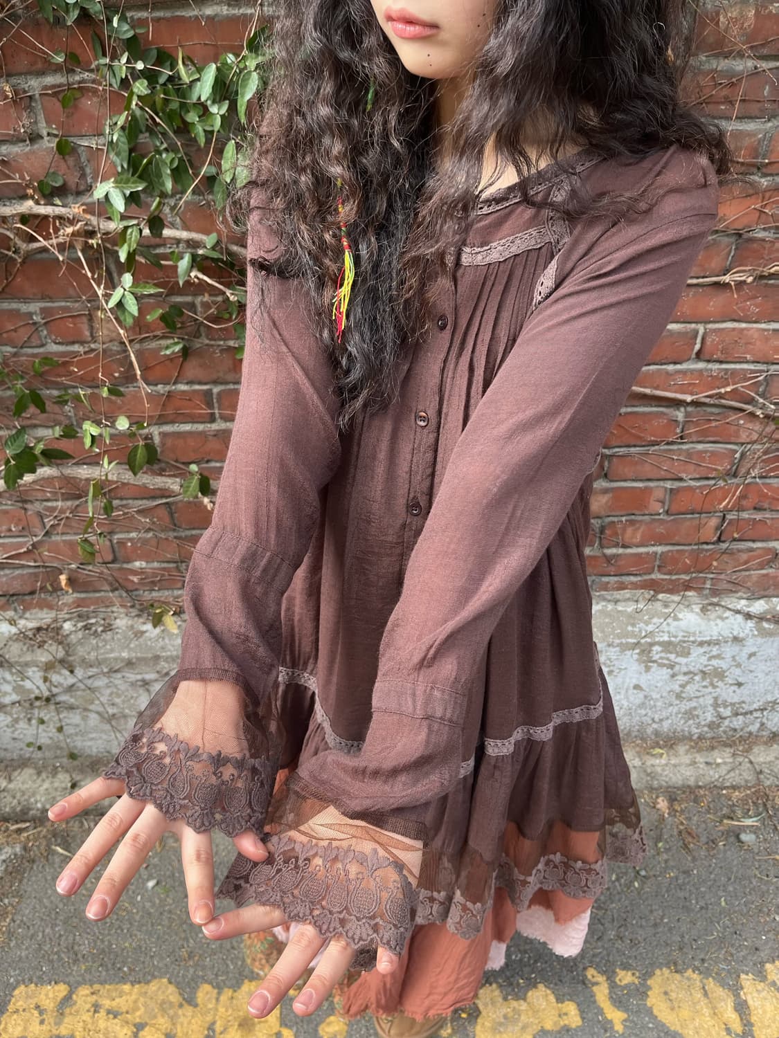 브라운 에스닉 레이스 포인트 블라우스 상품이미지4