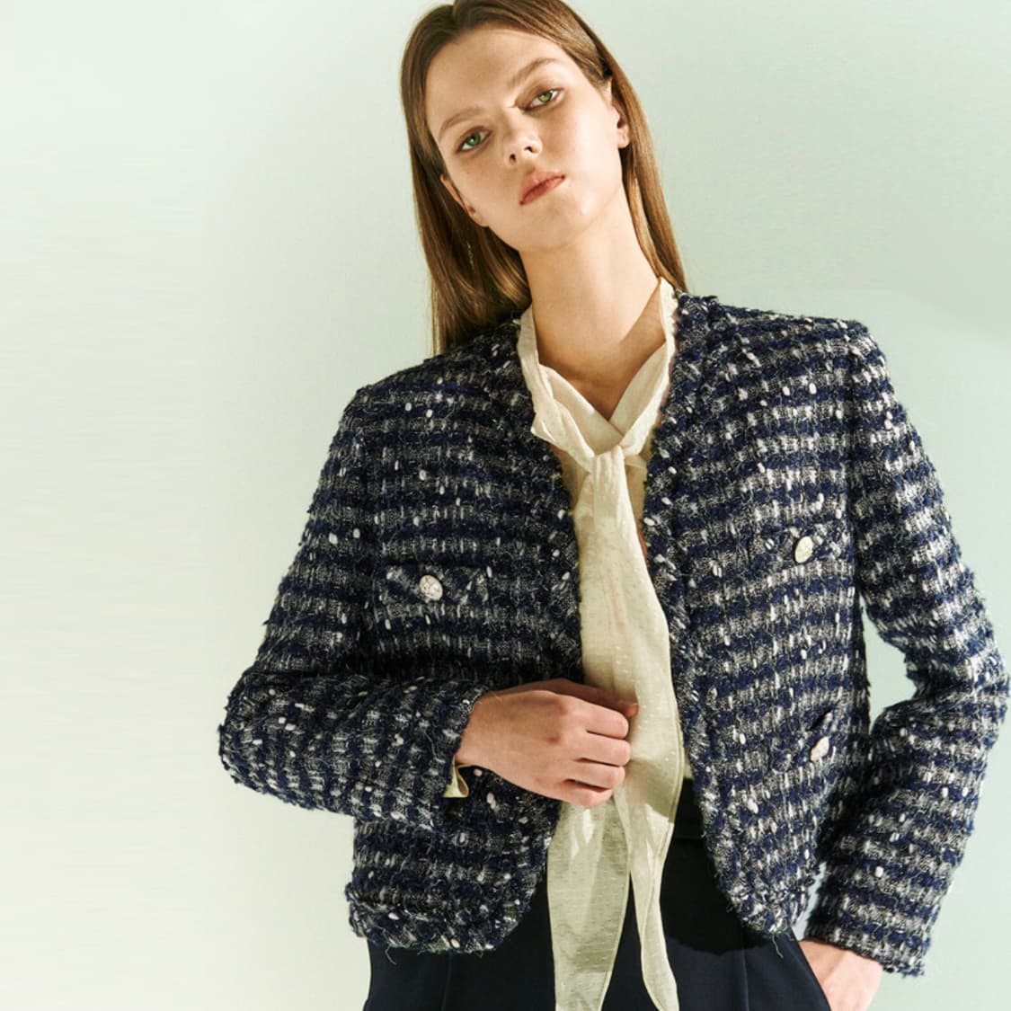 마인(MINE) 울 블렌드 칼라리스 오픈 트위드자켓 55-66 상품이미지1