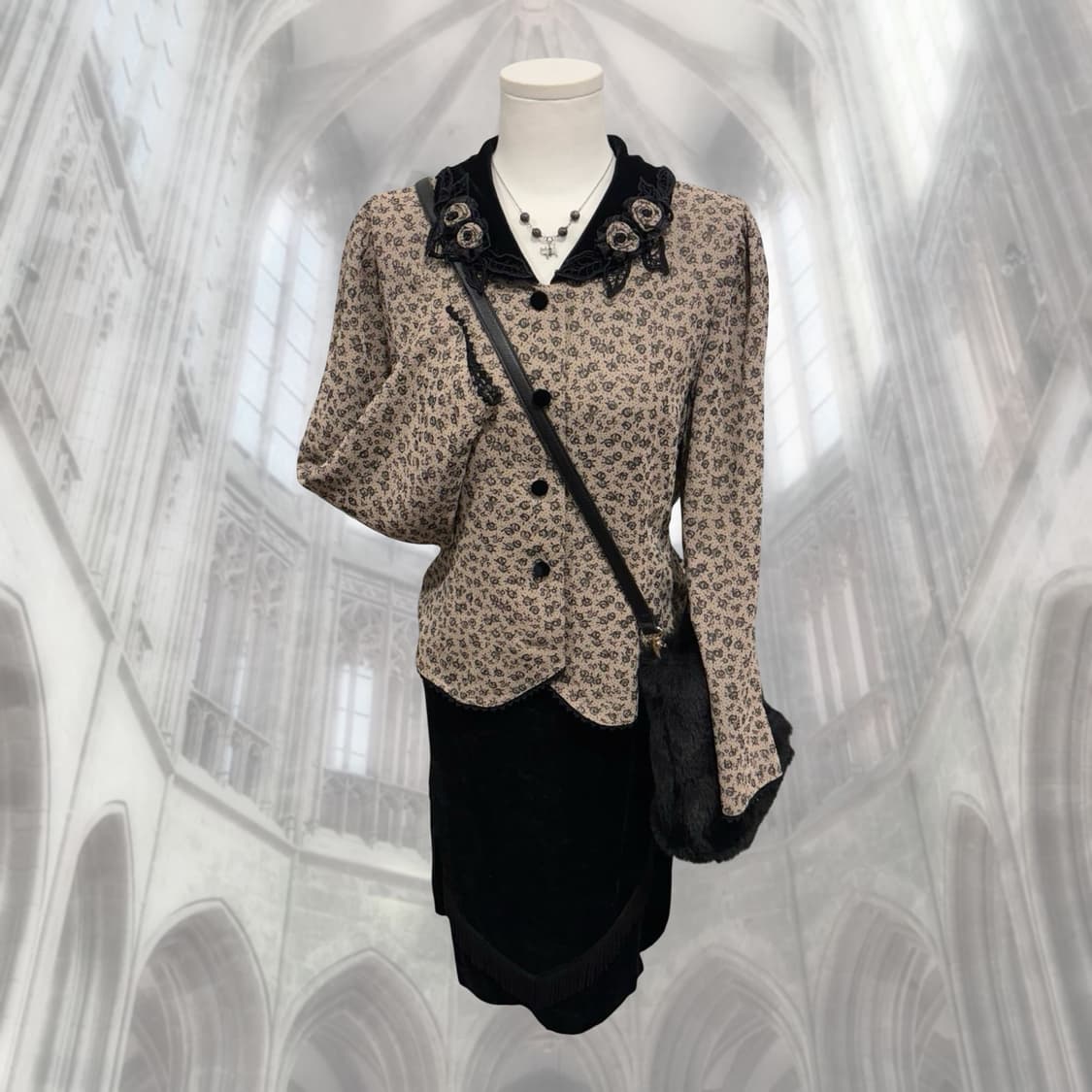 벨벳 카라 플라워 빈티지 블라우스 상품이미지3