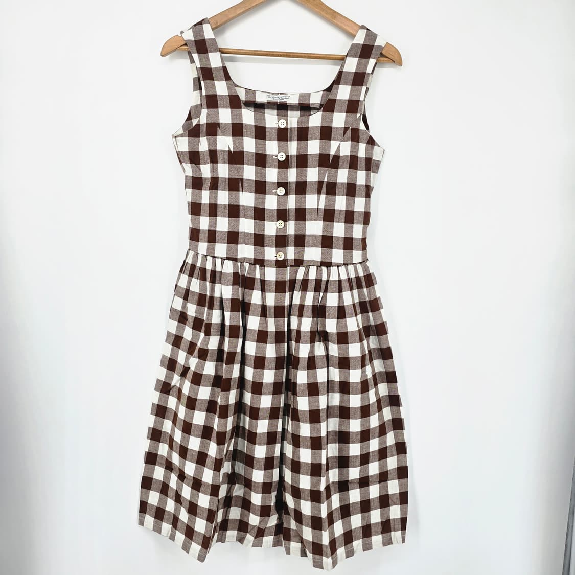 일본 빈티지 브라운 체크 민소매 코튼 원피스 상품이미지1