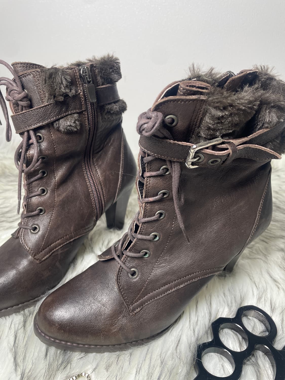 빈티지 kissa 천연가죽 갸루 퍼 앵클부츠힐 상품이미지3