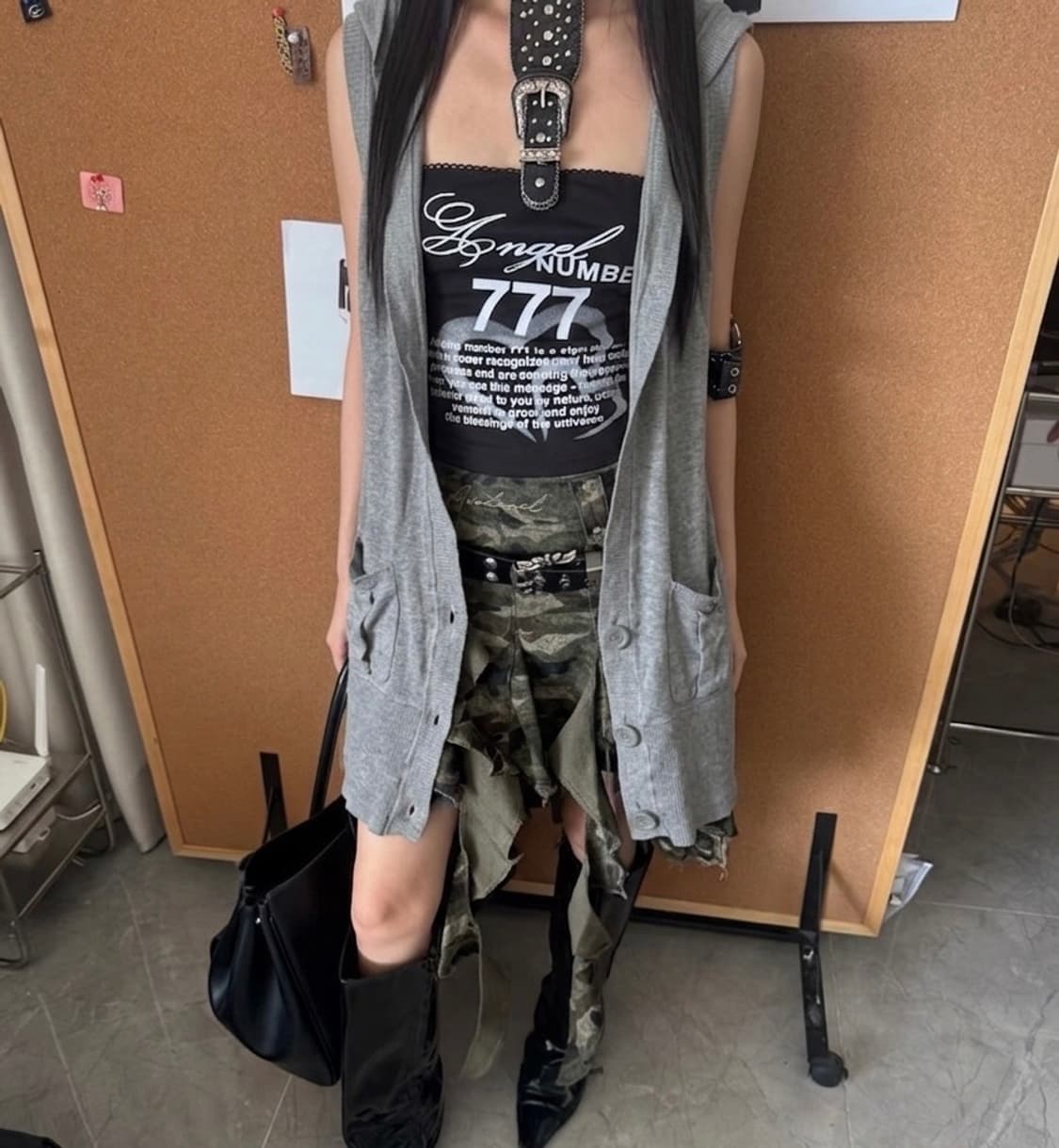 갸루 펑크st 니트 후드 롱 베스트 조끼 상품이미지1