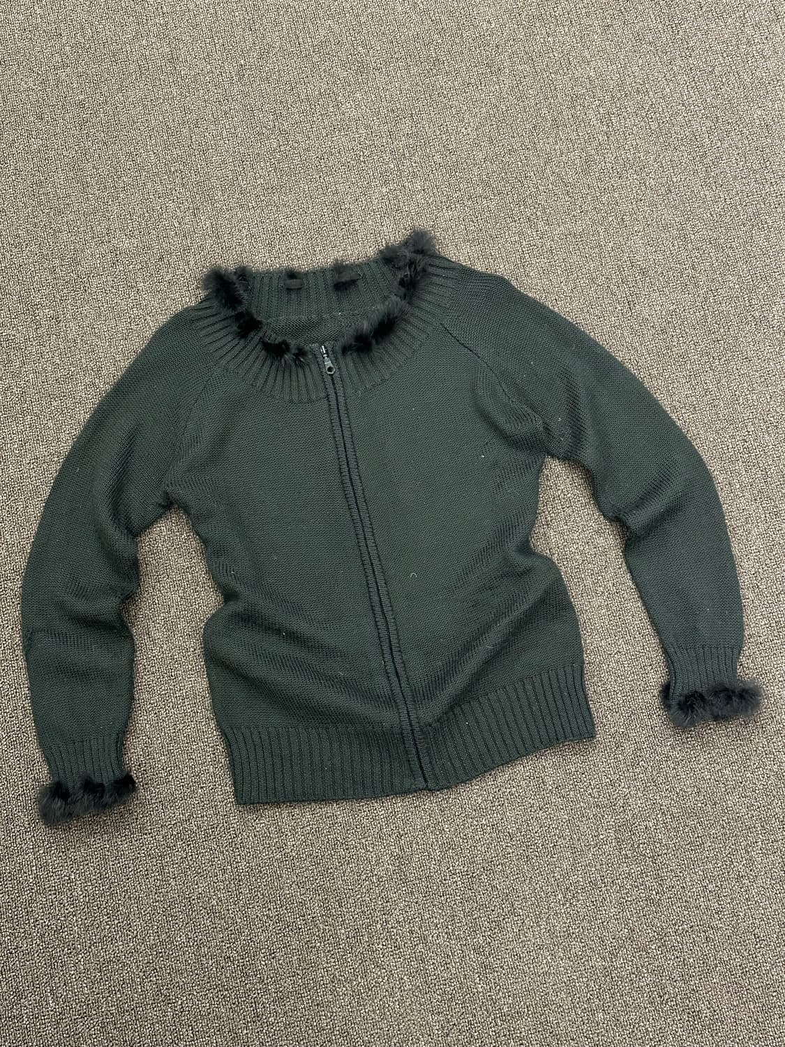 L)일본 빈티지 여성 블랙 퍼 니트 집업 가디건 상품이미지2