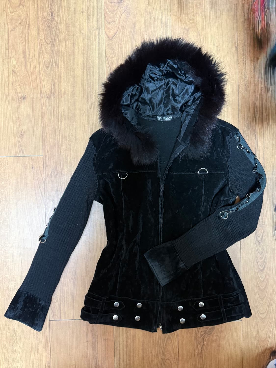 MeiNa fashion 벨벳 퍼 후드 블랙 자켓 락펑크 오네갸루 빈티ㅈ 상품이미지1