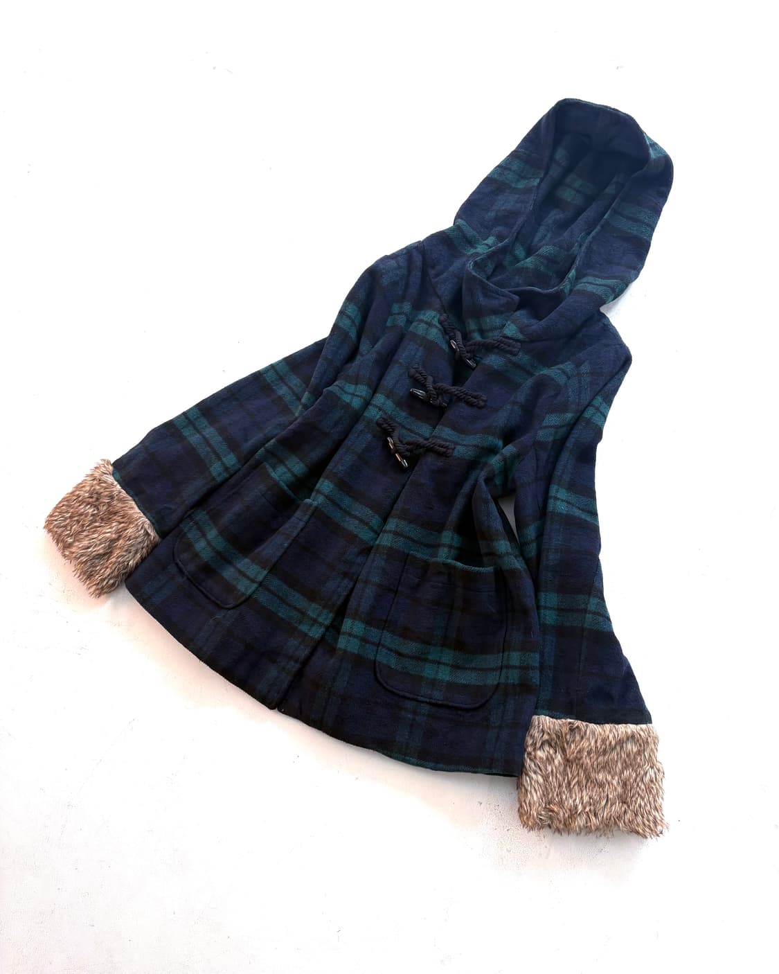 Green-check fur sleeve duffel coat 상품이미지8