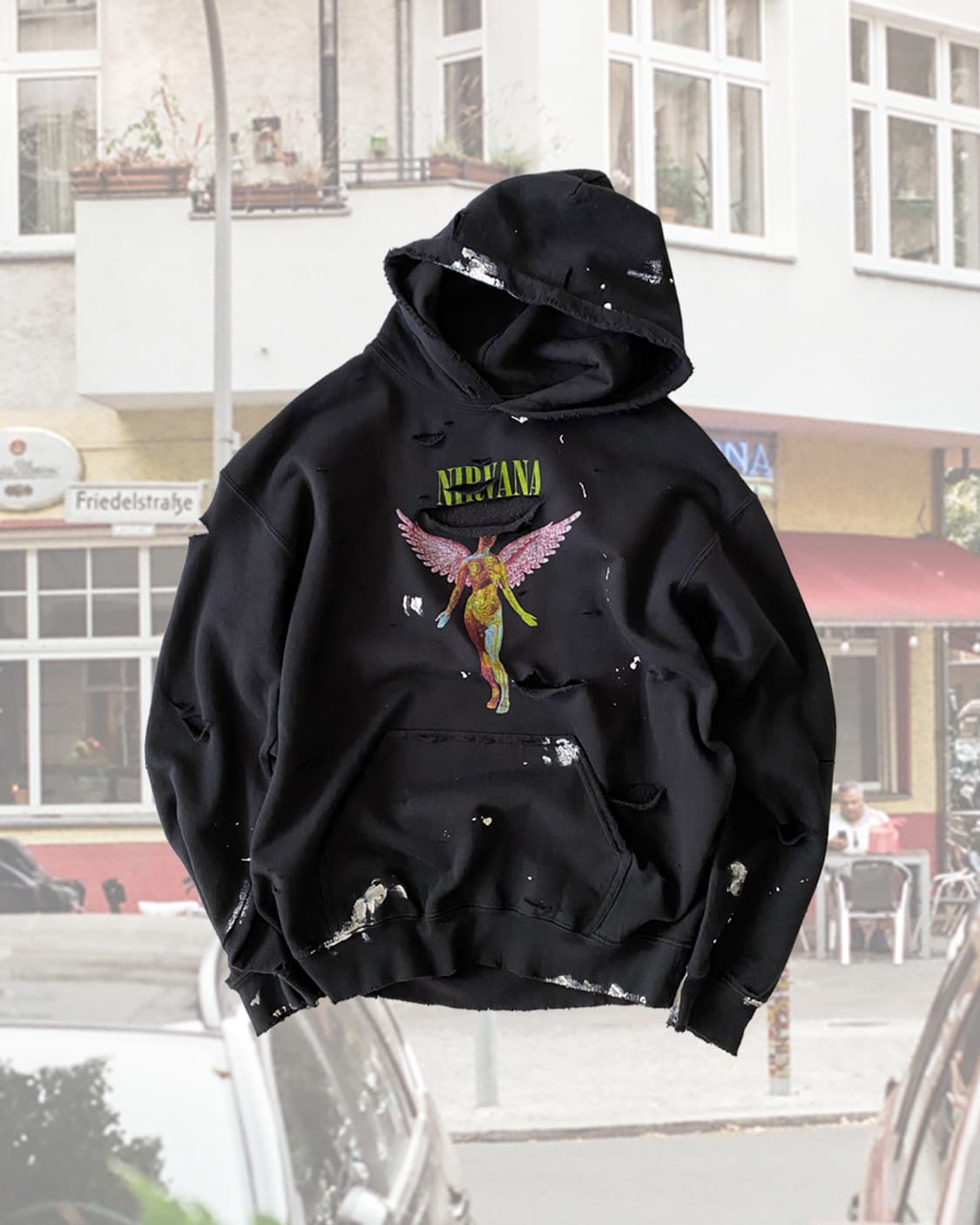 너바나 디스트로이드 페인팅 블랙 후드티 상품이미지1