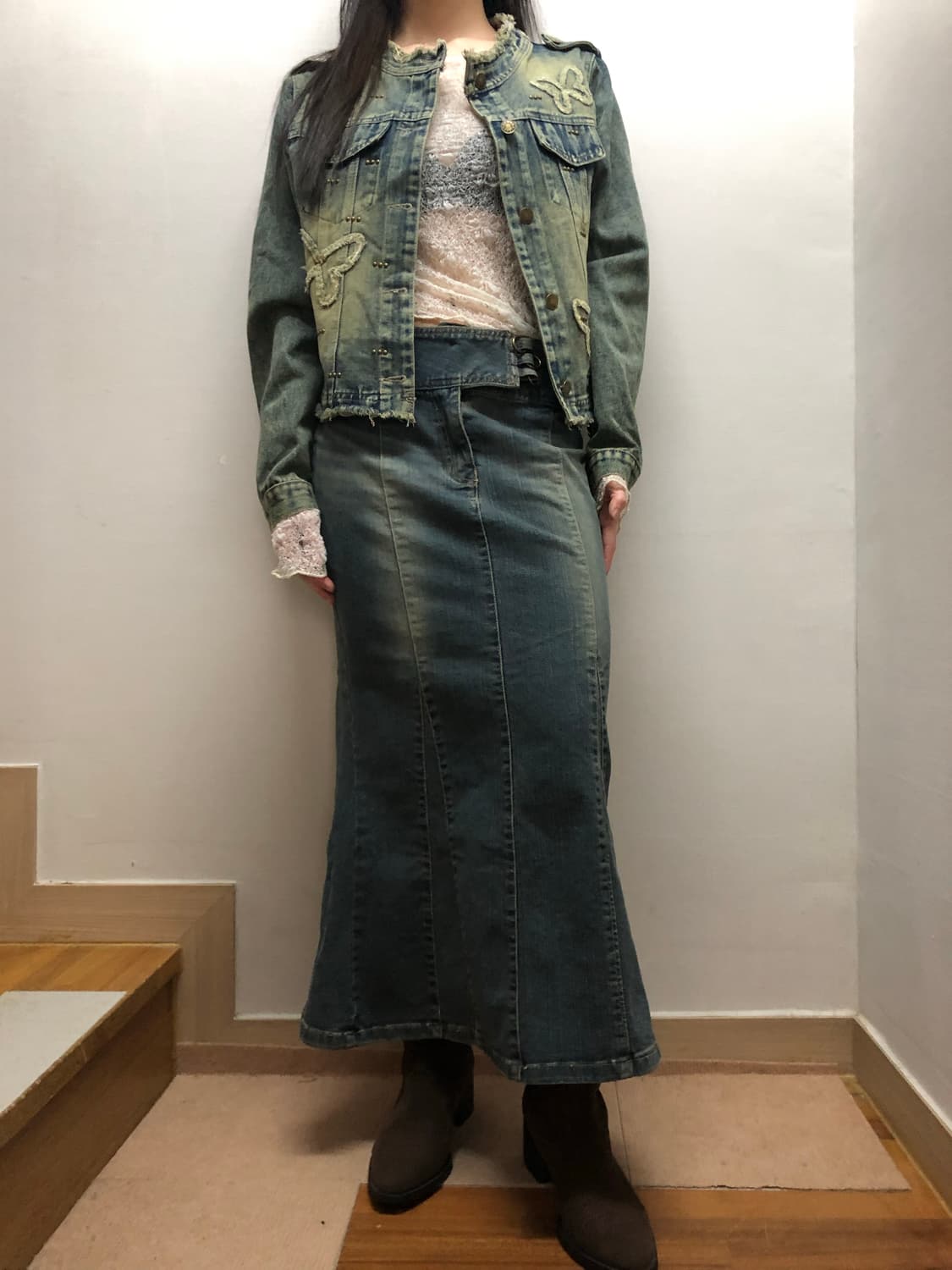 빈티지 데님 워싱 벨티드 롱 스커트 상품이미지2