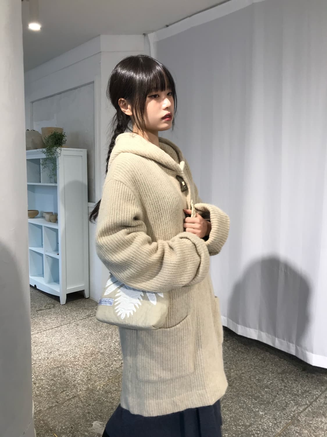 오트밀 니트 후드 코트 상품이미지5