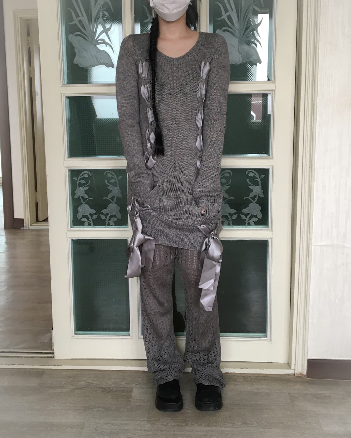 Lace up ribbon point knit onepiece 상품이미지7