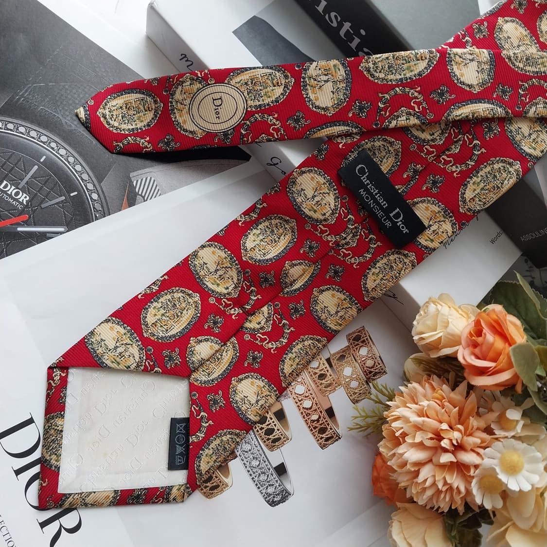 크리스찬 디올 넥타이 레드 오벌 아트 패턴 9.5cm A+등급 K2562 상품이미지5
