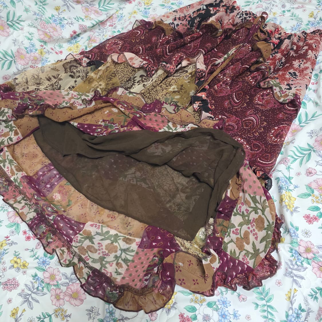 일본빈티지)플로럴 셔링 캉캉 스즈코 모리걸 보헤미안 패치워크st 롱스커트 상품이미지2