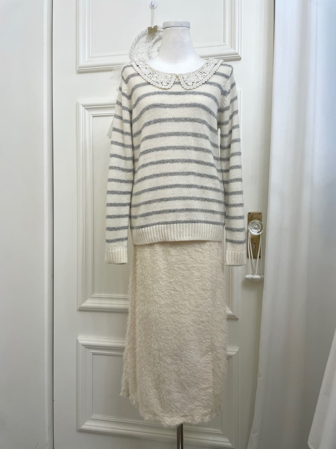 EAST BOY ivory gray stripe lace collar w 상품이미지2