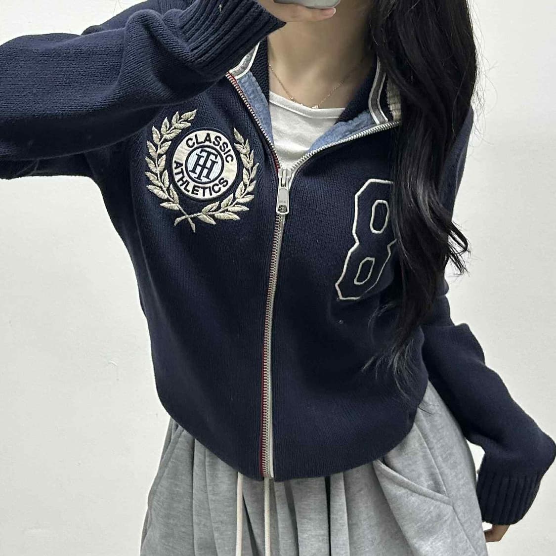 타미힐피거 월계수 네이비 올드스쿨 코튼 니트 집업(S) 상품이미지1