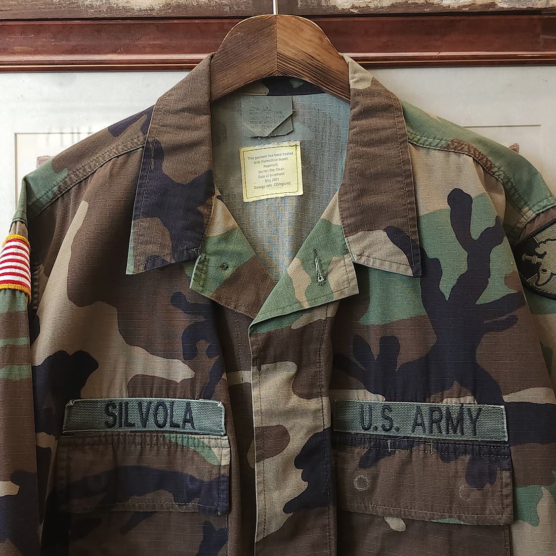 90s 미군 BDU 카모셔츠 우드랜드 라지 롱 부대패치 상품이미지3