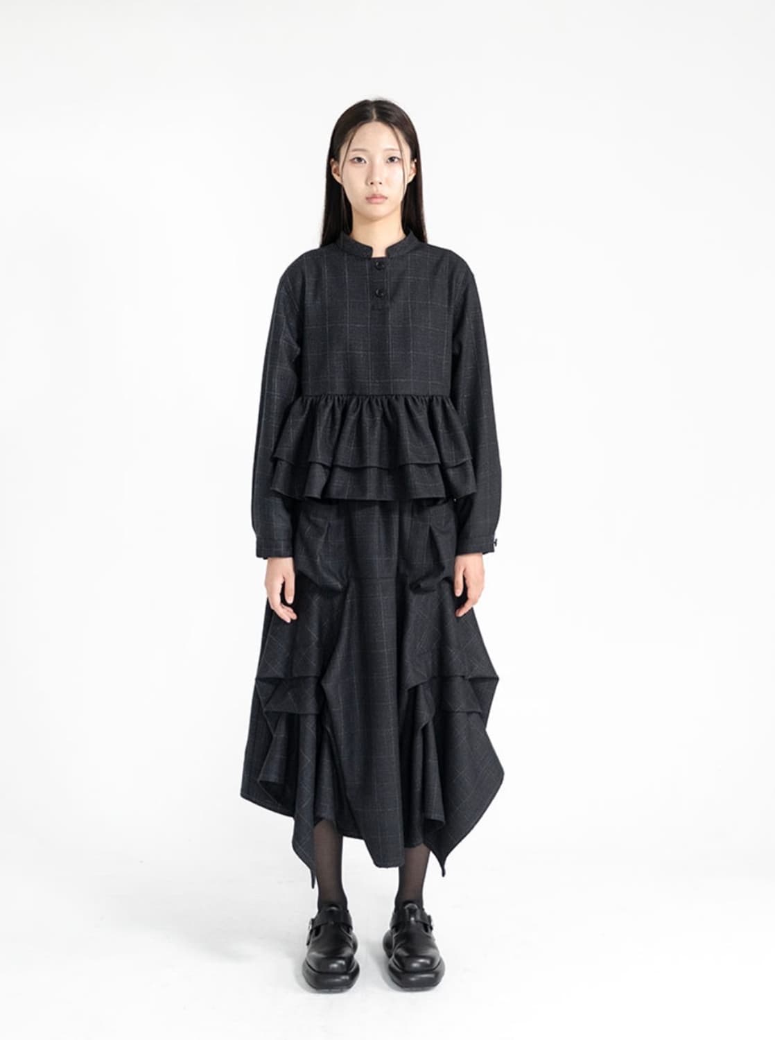 유노이아 체크 버튼 블라우스 + 체트 포켓 스커트 셋업 상품이미지1