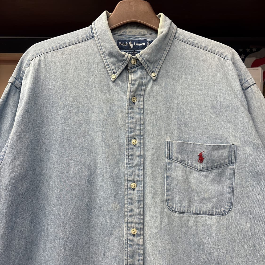 90s 폴로 랄프로렌 빅셔츠 라인 워크포켓 데님셔츠 레드포니 N1013 상품이미지3