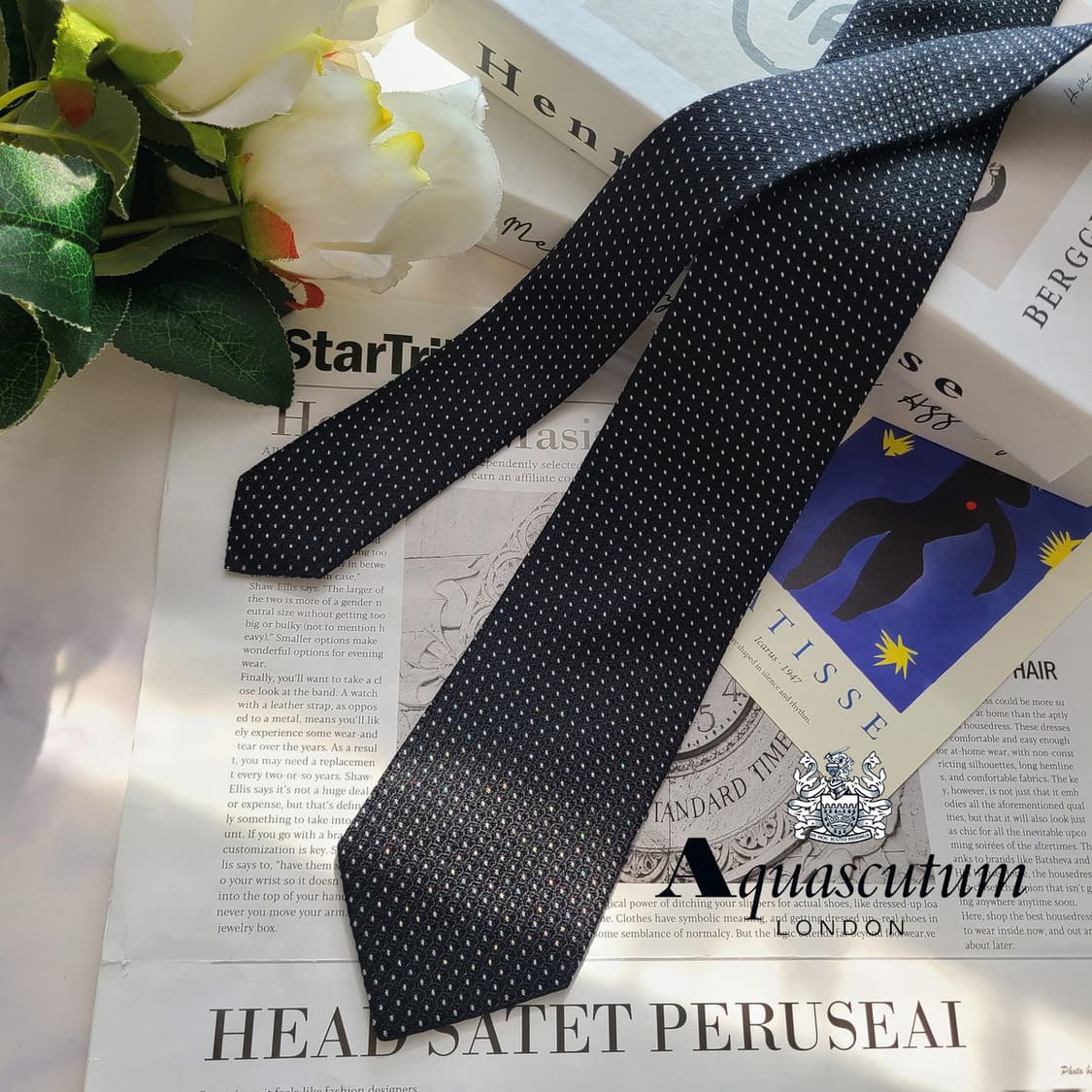 아쿠아스큐텀 실크 블랙 도트 패턴 넥타이 7.1cm A+등급 E703 상품이미지3