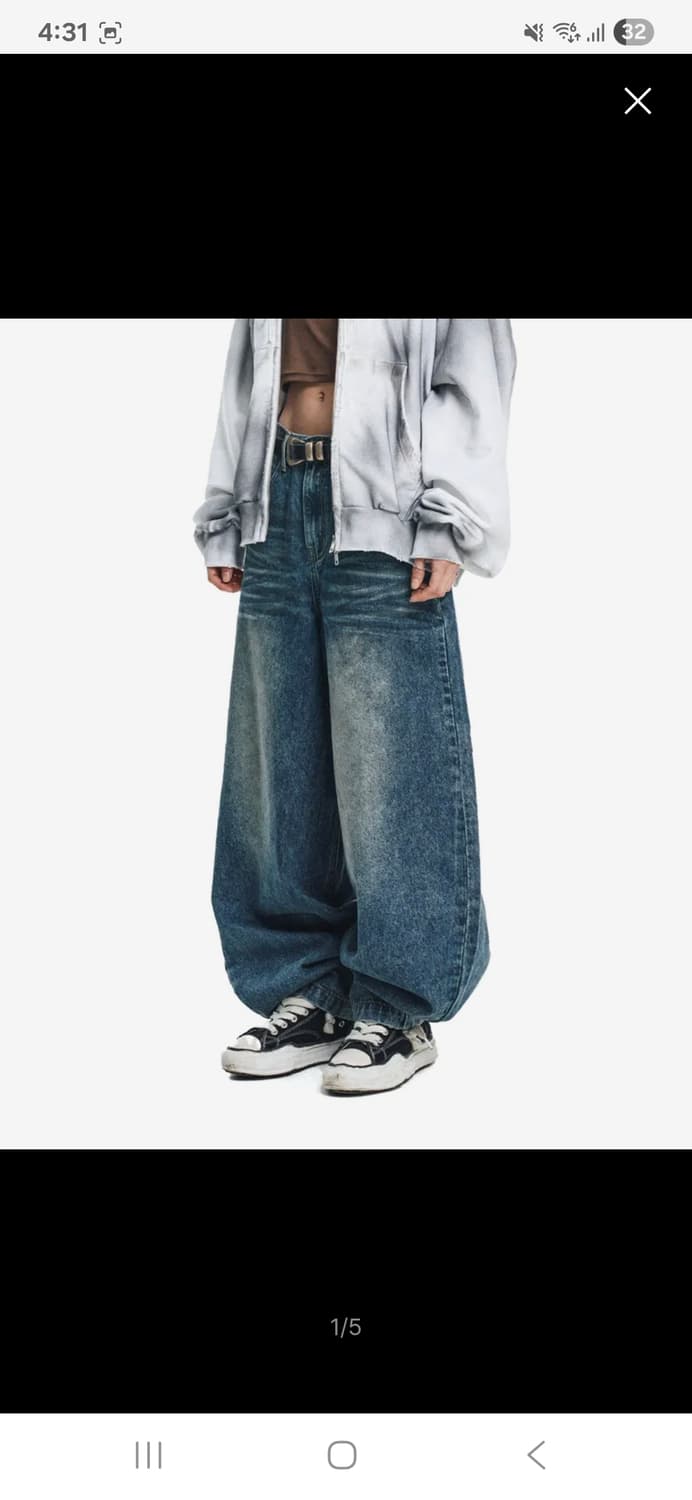 이지노이지 오일 워시드 배기 와이드 데님팬츠 - 딥블루 상품이미지1