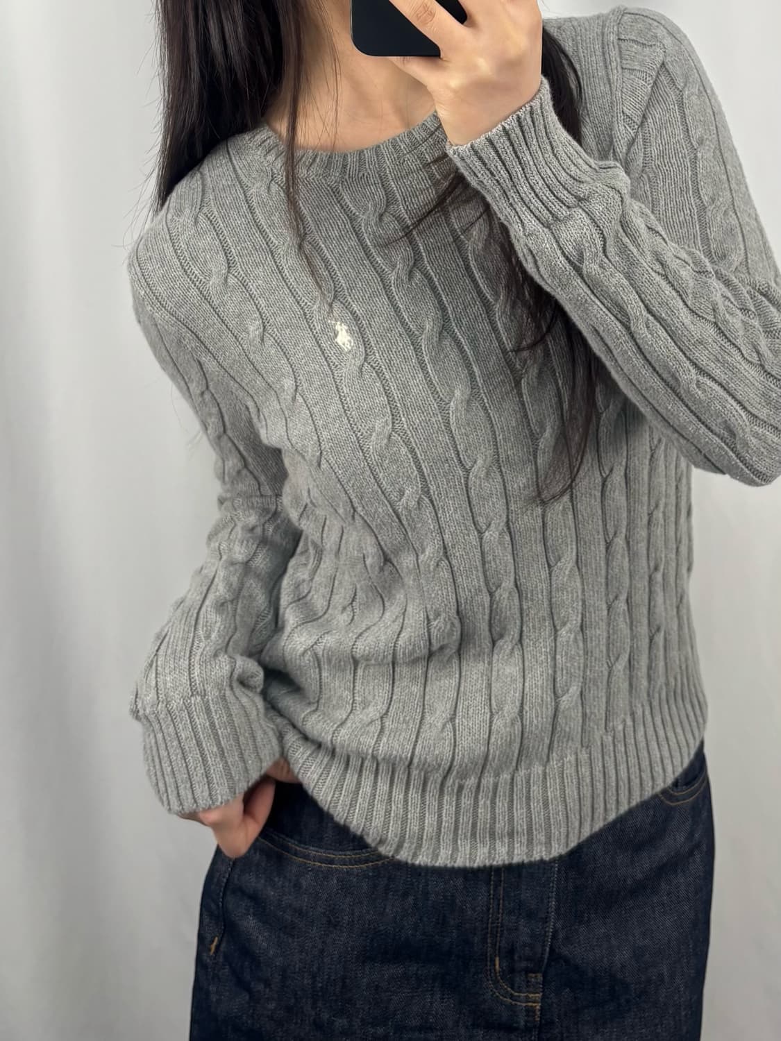 폴로 QR 그레이 꽈배기 니트 상품이미지1