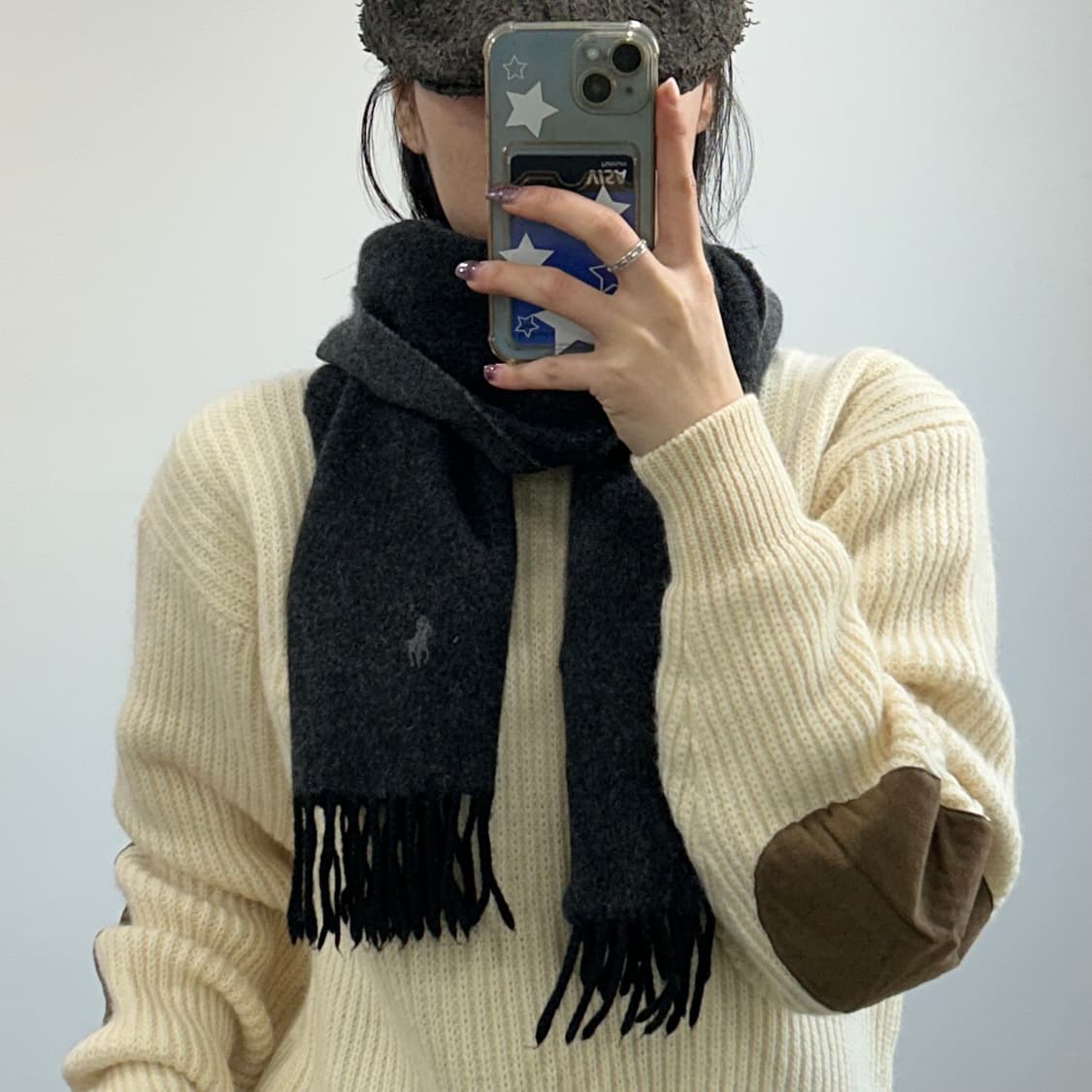 Polo 폴로 차콜포니 차콜그레이 배색 목도리  상품이미지1