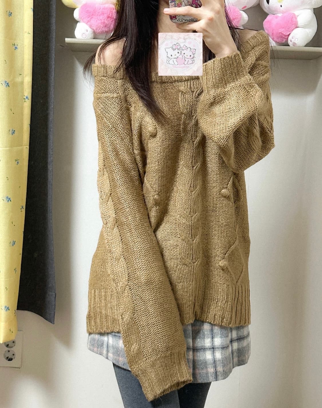 빈티지 브라운 라떼 오프숄더 니트 히메갸루 로걀 라떼 히메카지 헤이세이 상품이미지1