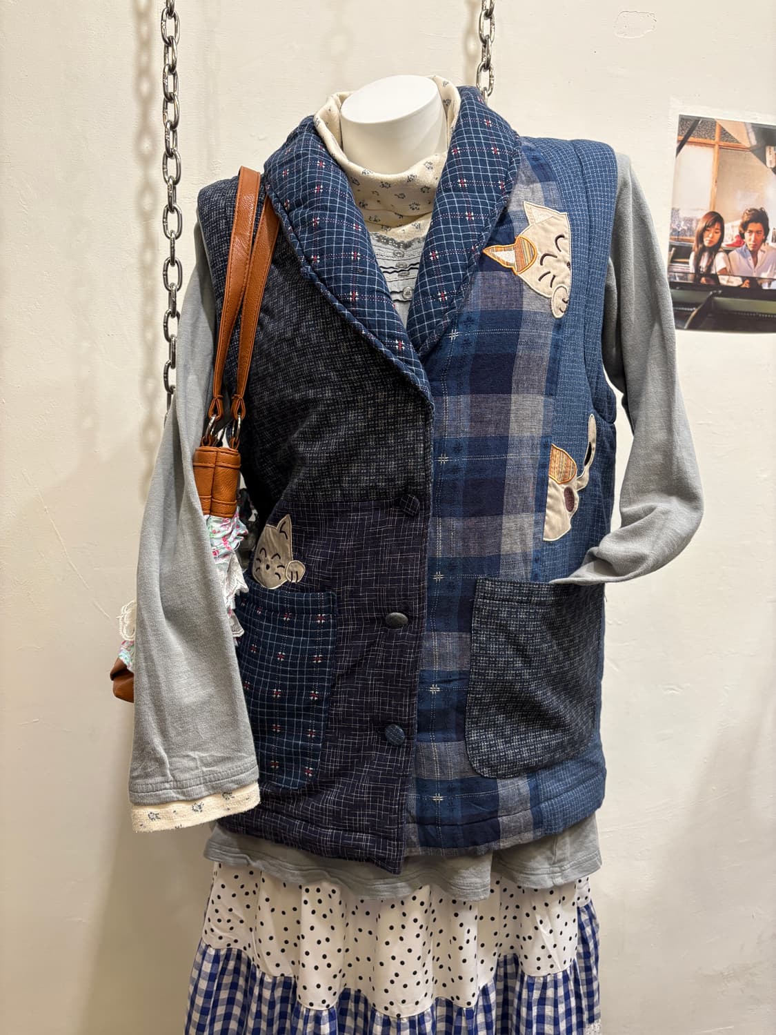 고양이 패치워크 블루 패딩 베스트 모리 상품이미지1