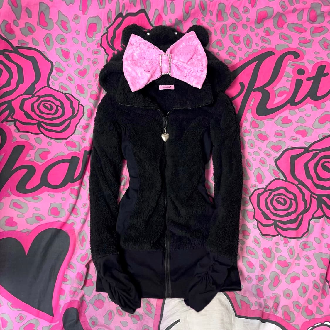 MA*RS마즈 블랙핑크 왕리본 쿠마미미 뽀글이 후드집업 히메갸루 핀터 상품이미지1