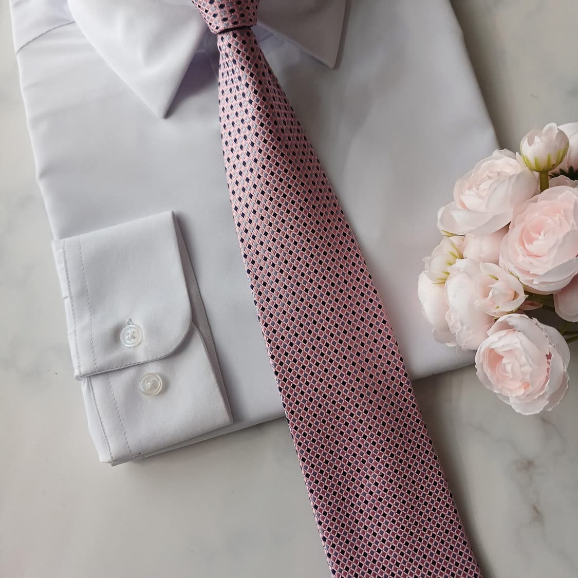 타미힐피거 실크 핑크&네이비 체크 넥타이 8.6cm A+등급 A18815 상품이미지5