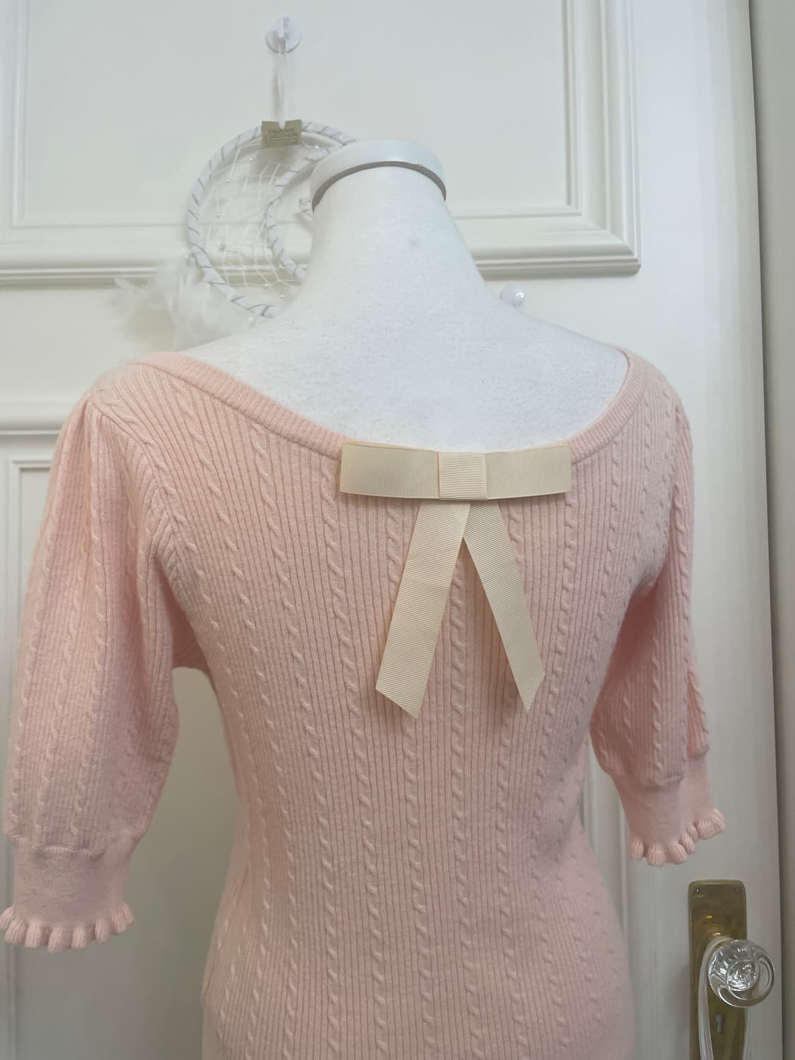 coral pink twist back bow half knit top 상품이미지4