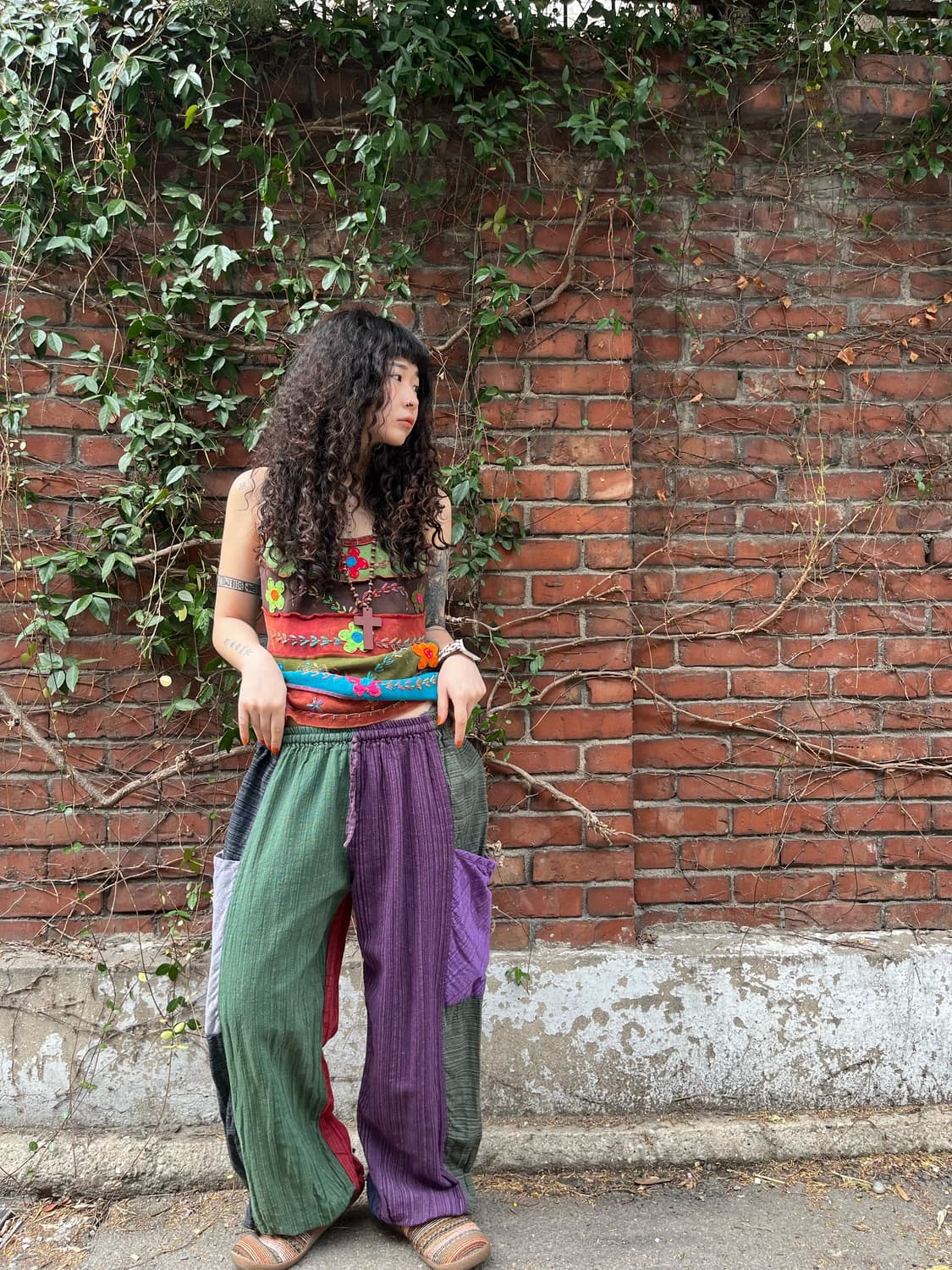 히피 에스닉 패치 와이드 팬츠 상품이미지1